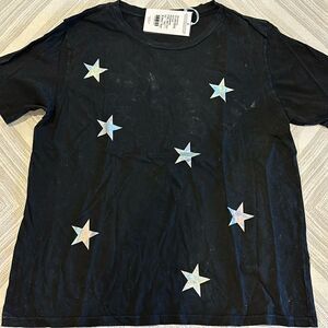 Chrldr Women’s Black Holographic Stars Wide T-Shirt, Size M